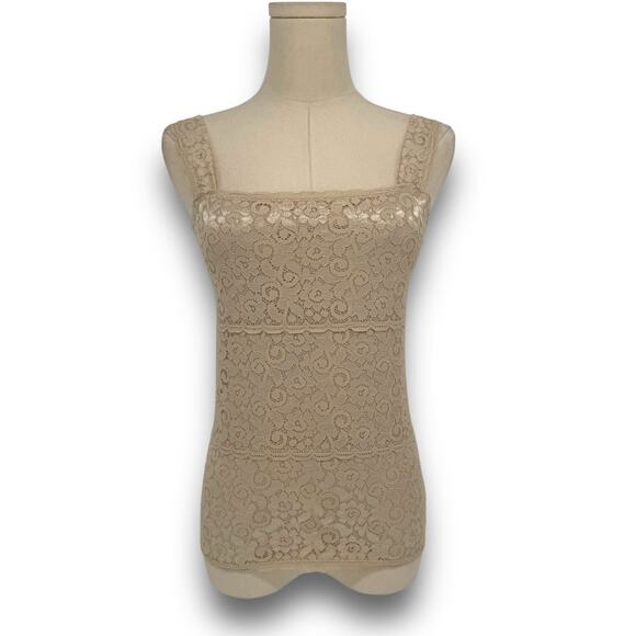 Vintage Tops - 90s Vintage Nude Lace Stretch Camisole Tank Top, Size 12 (Fits like M) Coquette